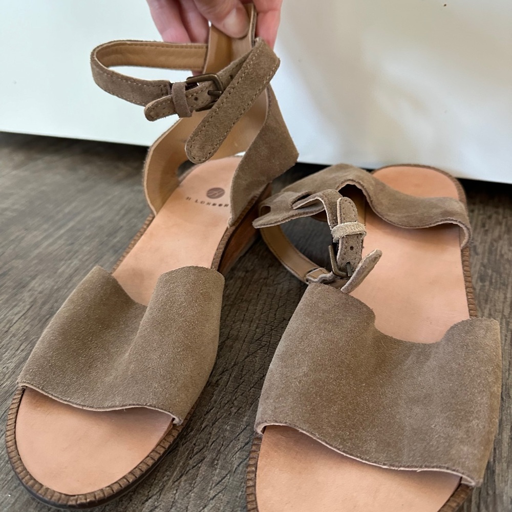 H London brand tan suede sandals